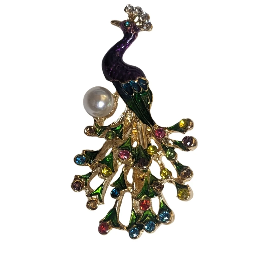 Vibrant Enamel Peacock Brooch Pin Gold Tone Rhinestone‎ & Faux Pearl 2.25